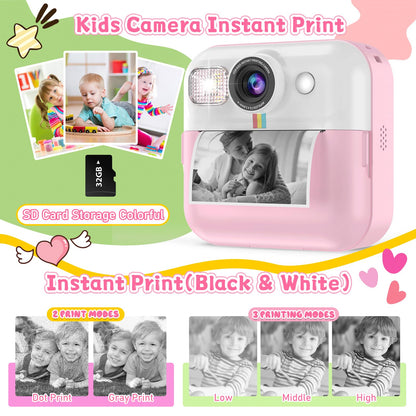 Kids Camera for Girls, 1080P Instant Print Camera, Kids Christmas Birthday Gifts Girls Toys, Children Digital Camera with 32GB Card, Toddler Camera Portable Toys for 3 4 5 6 7 8 9 Year Old Girl Pink