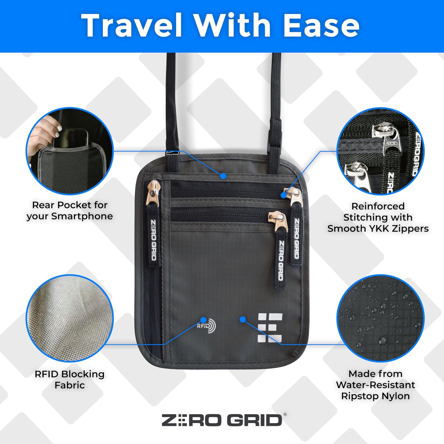 Neck Wallet for Travel & Passport Holder with RFID Blocking - Slim & Easy to Conceal Nylon Travel Pouch for men & women - Holds Phone, Cash, Cards, Keys - Sweat & Water Resistant - Large - Dark Grey