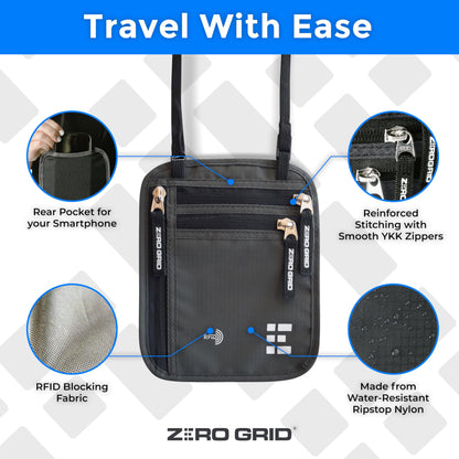 Neck Wallet for Travel & Passport Holder with RFID Blocking - Slim & Easy to Conceal Nylon Travel Pouch for men & women - Holds Phone, Cash, Cards, Keys - Sweat & Water Resistant - Large - Dark Grey