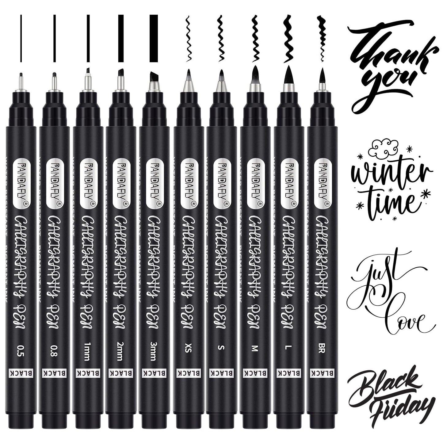 PANDAFLY Calligraphy Pen, 10 Size Calligraphy Pens for Writing, Brush Pens Calligraphy Set for Beginners, Hand Lettering Pen for Art Drawing, Sketching, Scrapbooking