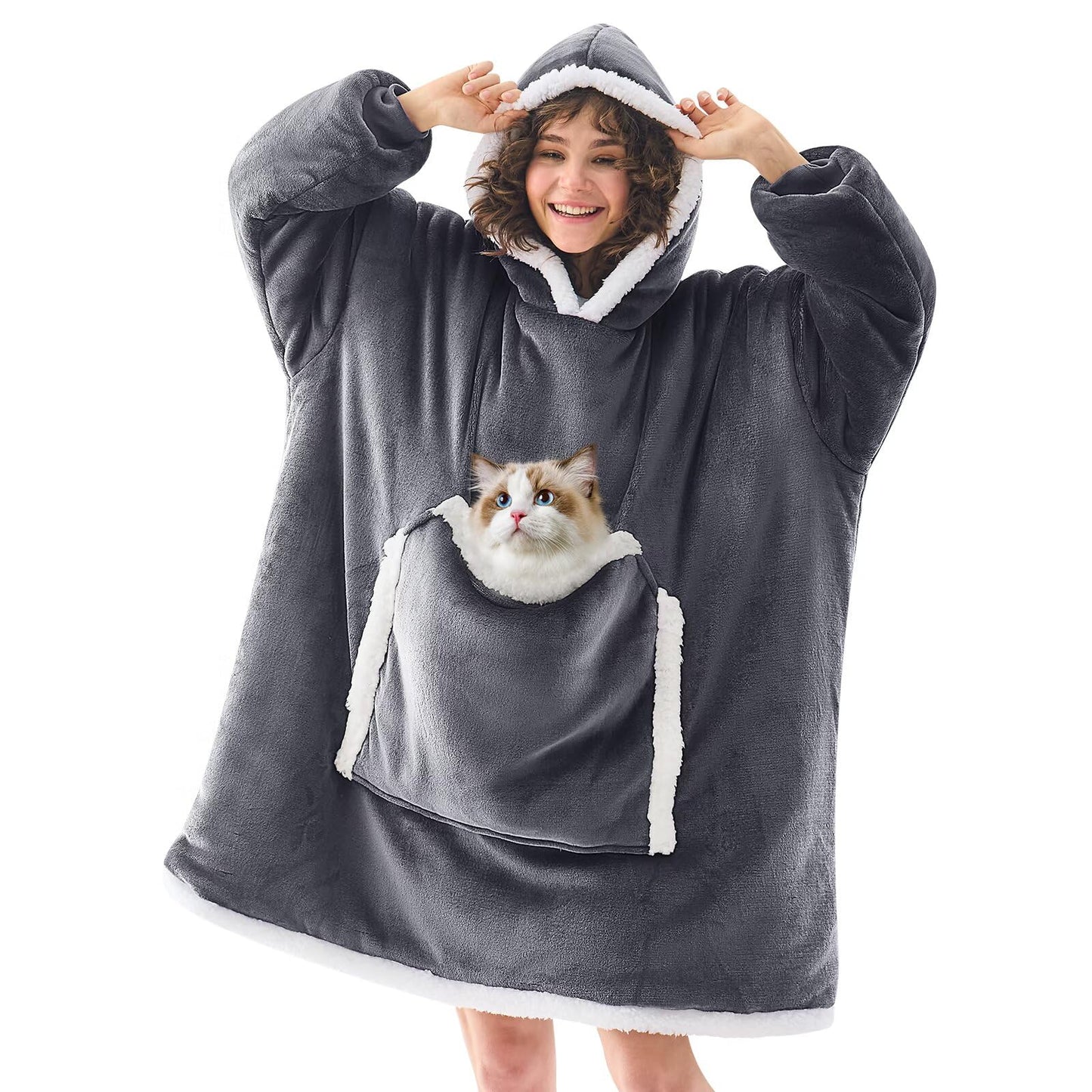 JOYWOO Wearable Blanket Hoodie, Birthday Gifts for Women Men Mom, Oversized Hooded Blanket for Adult, Cozy Fuzzy Sherpa Sweatshirt Blanket with Giant Pocket and Winter Gifts, Grey