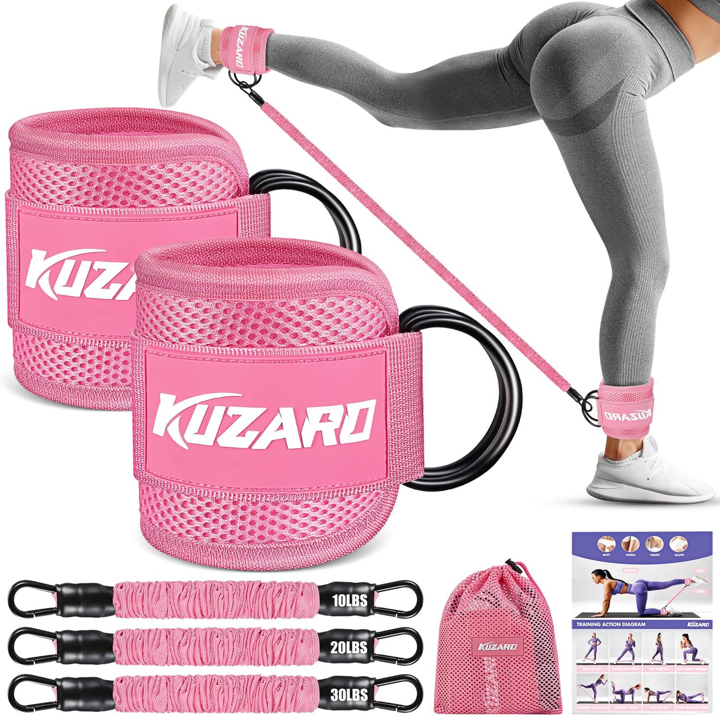 KUZARO Ankle Resistance Bands with Cuffs, Ankle Weights Bands for Working Out, Women Leg and Glutes Workout Equipment, Exercise Bands for Kickbacks, Butt and Booty Trainer, Home Gym Fitness Equipment