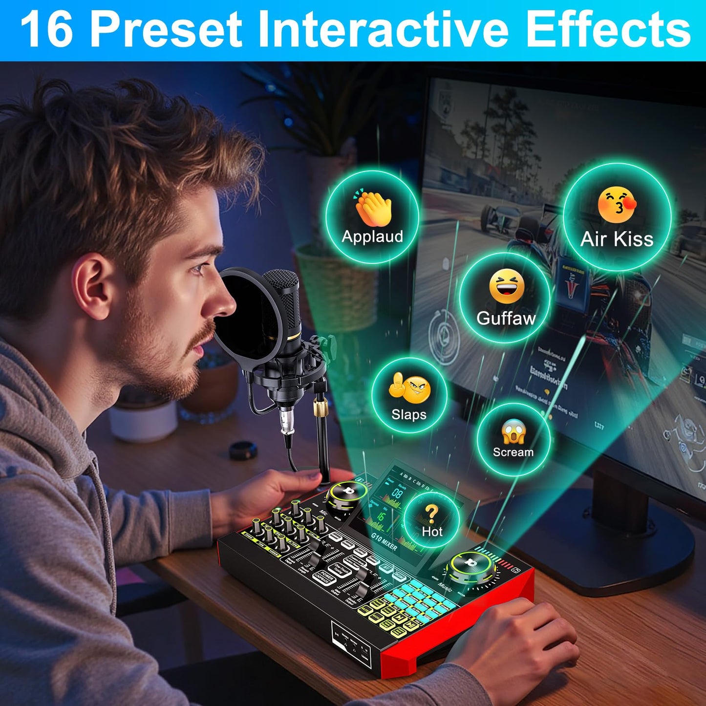 Podcast Microphone Bundle with Live Sound Card Audio Mixer, Podcast Equipment Bundle with 3.5mm Condenser Microphone for Pc/Phone Live Streaming Singing Gaming, Sound Board with Voice Changer, Denoise