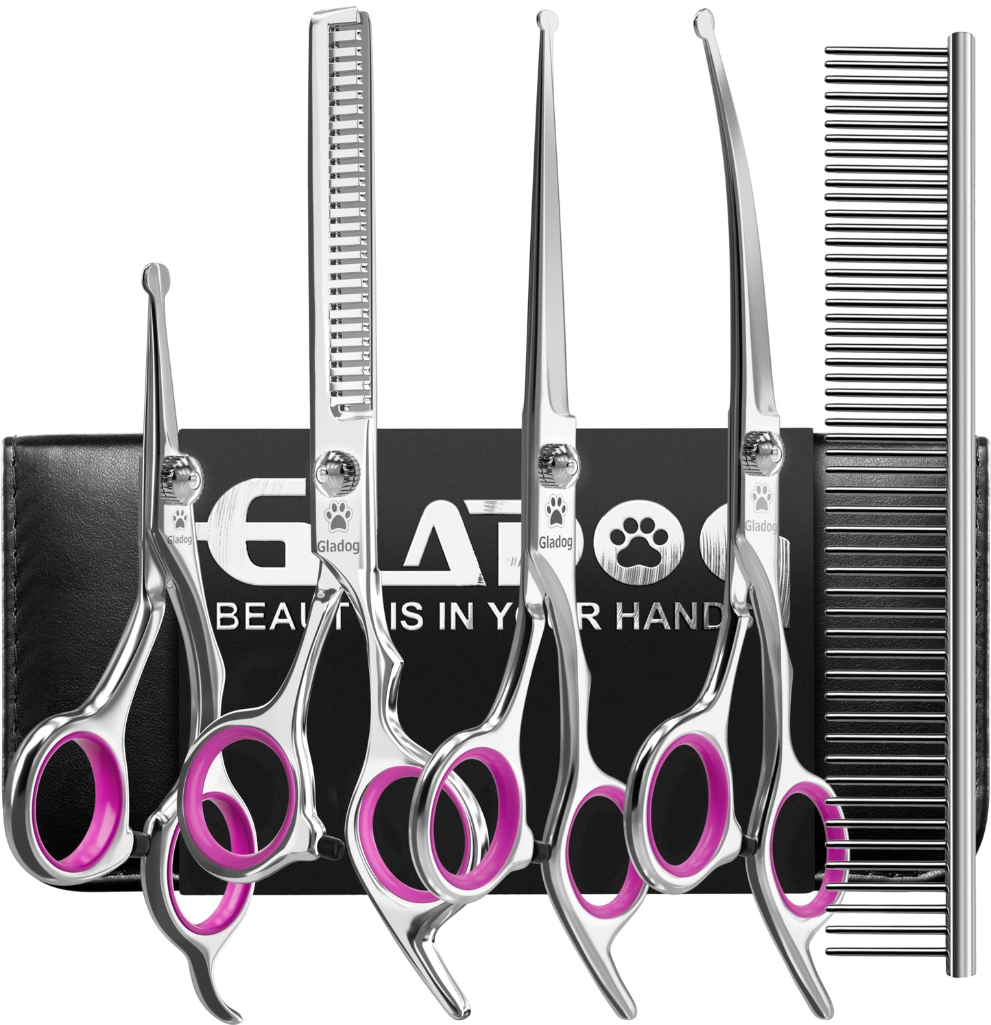 GLADOG Dog Grooming Scissors Kit with Safety Round Tips, Professional 6 in 1 Grooming Scissors for Dogs, Sharp and Heavy-duty Dog Grooming Shears for Dogs Cats Pets (Pink)