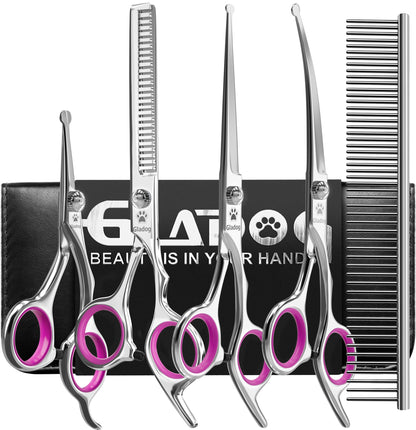 GLADOG Dog Grooming Scissors Kit with Safety Round Tips, Professional 6 in 1 Grooming Scissors for Dogs, Sharp and Heavy-duty Dog Grooming Shears for Dogs Cats Pets (Pink)
