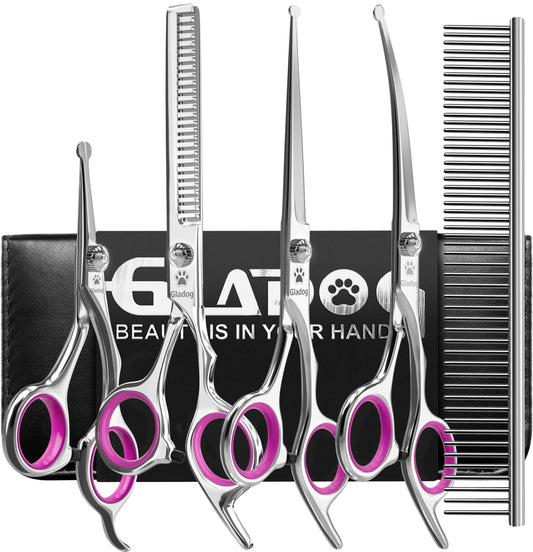 GLADOG Dog Grooming Scissors Kit with Safety Round Tips, Professional 6 in 1 Grooming Scissors for Dogs, Sharp and Heavy-duty Dog Grooming Shears for Dogs Cats Pets (Pink)