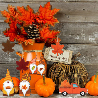 36 Pcs Thanksgiving Ornaments - Fall Tree Decorations with Autumn Pumpkin Gnome Leaf Cutouts, Hanging Ornaments, Wooden Craft Ornaments with Rope for Home (Autumn Style)