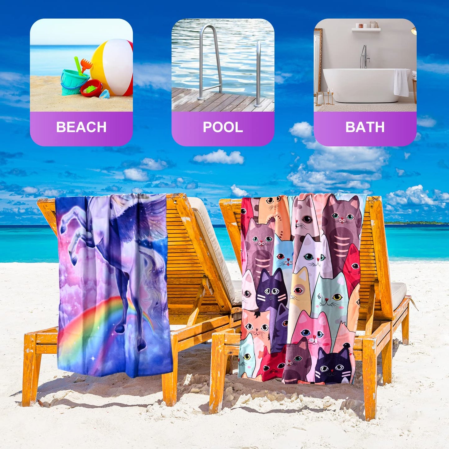 LIVILAN Large Kitten Cat Beach Towel, 30" X 60" Soft Microfiber, Absorbent, Quick Dry, Sand Free, Light, Multiuse for Bath, Pool, Swim, Cute Cat Gifts