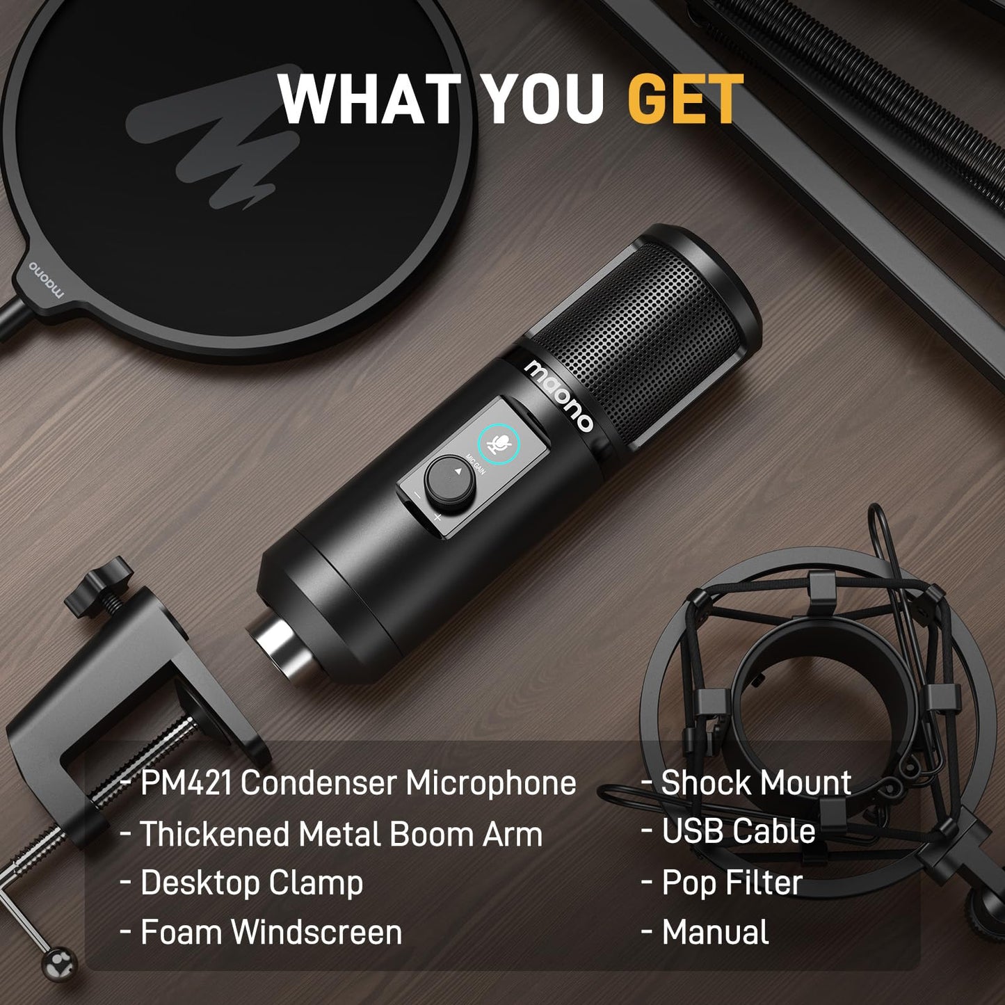 MAONO USB Recording Microphone Kit, Professional Condenser Microphone for PC with One-Touch Mute and Mic Gain Knob for Singing, Podcast, Studio, Streaming PM421