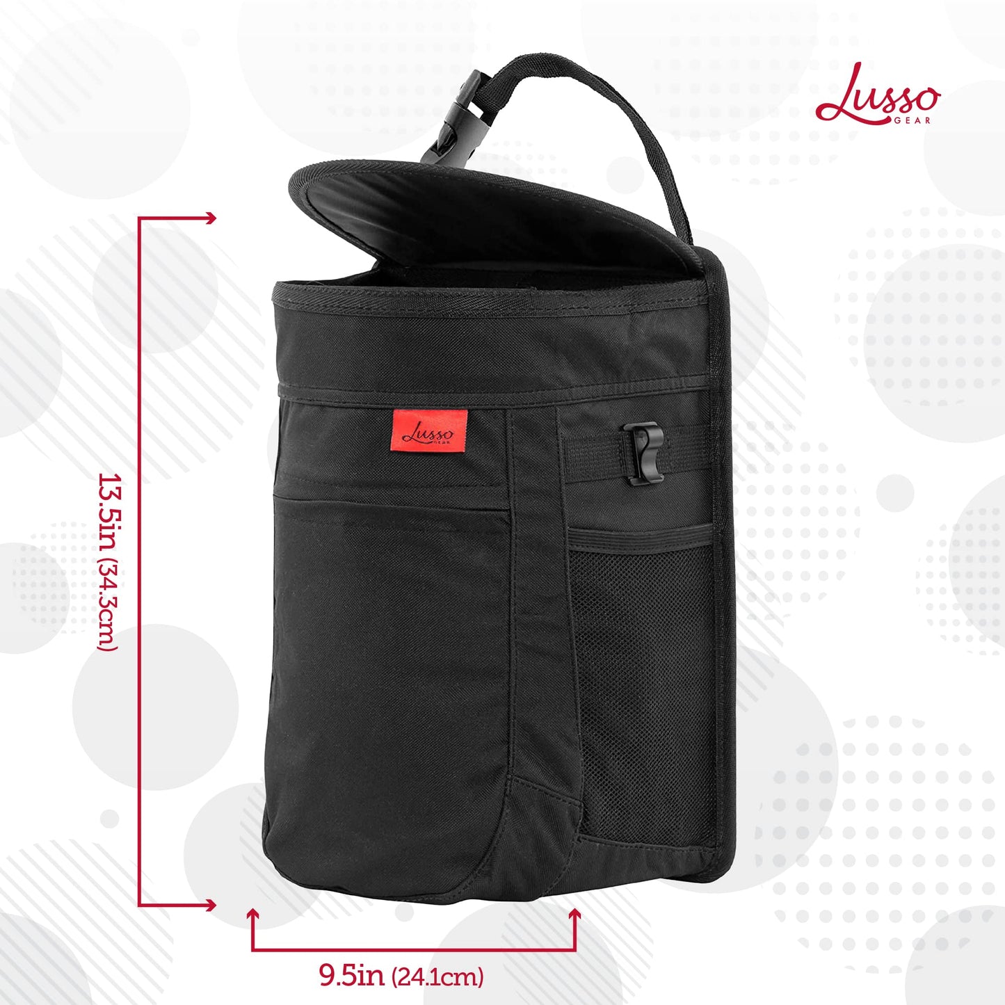 Lusso Gear Spill-Proof Car Trash Can - 2.5-Gallon Black Round - Leak-Proof Lid & Waterproof Removable Liner - Hanging Car Trash Bin & Organizer for SUV, Truck & Minivan