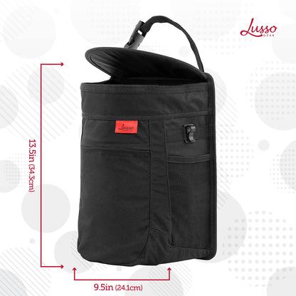 Lusso Gear Spill-Proof Car Trash Can - 2.5-Gallon Black Round - Leak-Proof Lid & Waterproof Removable Liner - Hanging Car Trash Bin & Organizer for SUV, Truck & Minivan