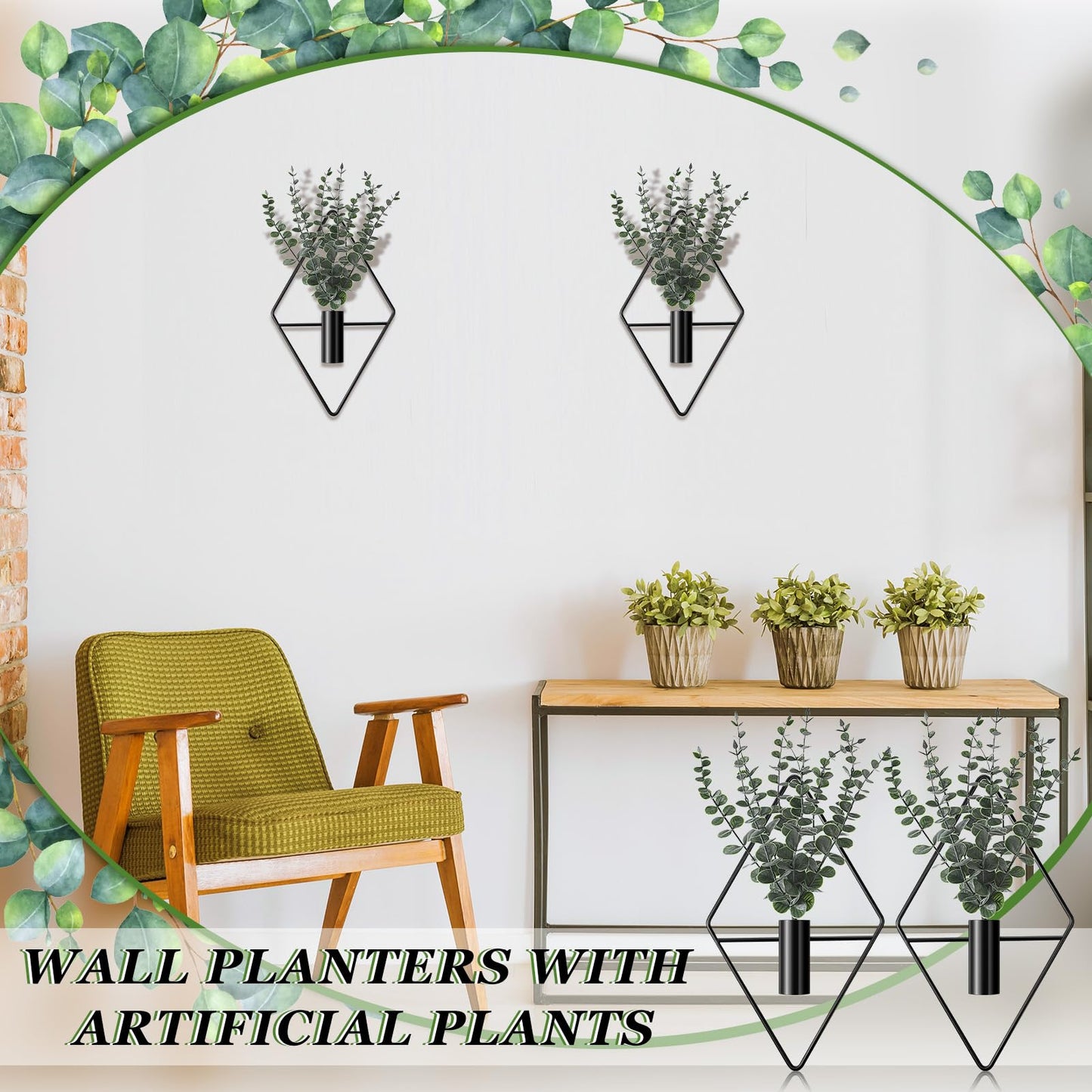 Jexine Hanging Planters with Artificial Eucalyptus Metal Hanging Vase Indoor Plants Holder Modern Geometric Boho Bathroom Wall Decor for Living Room Home Office (Black,4 Pcs)
