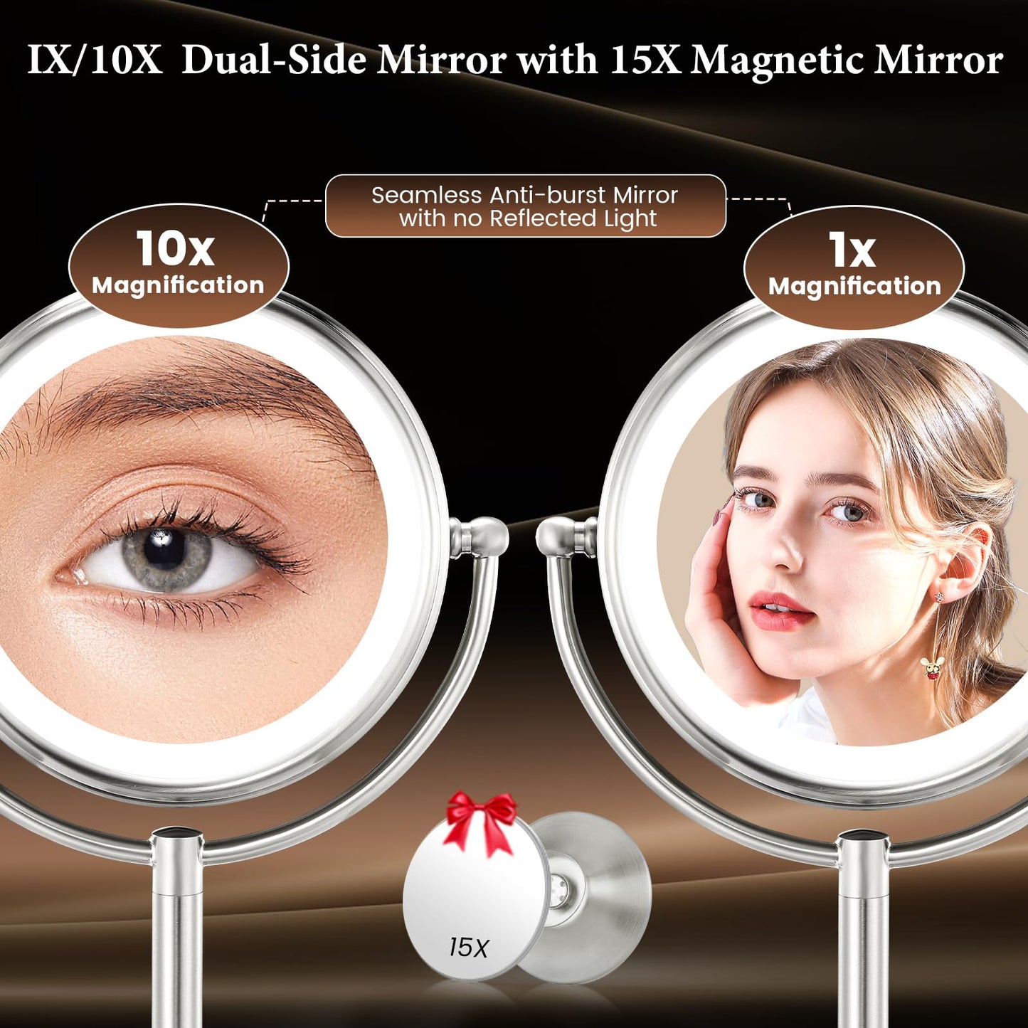 Professional 8.5" Large Lighted Makeup Mirror with Brighter Lights, 1X/10X True HD Magnifying Mirror with 3 Color Dimmable Lights, 90 Shadowless LEDs, 360°Swivel Seamless Vanity Mirror, Pearl Nickel
