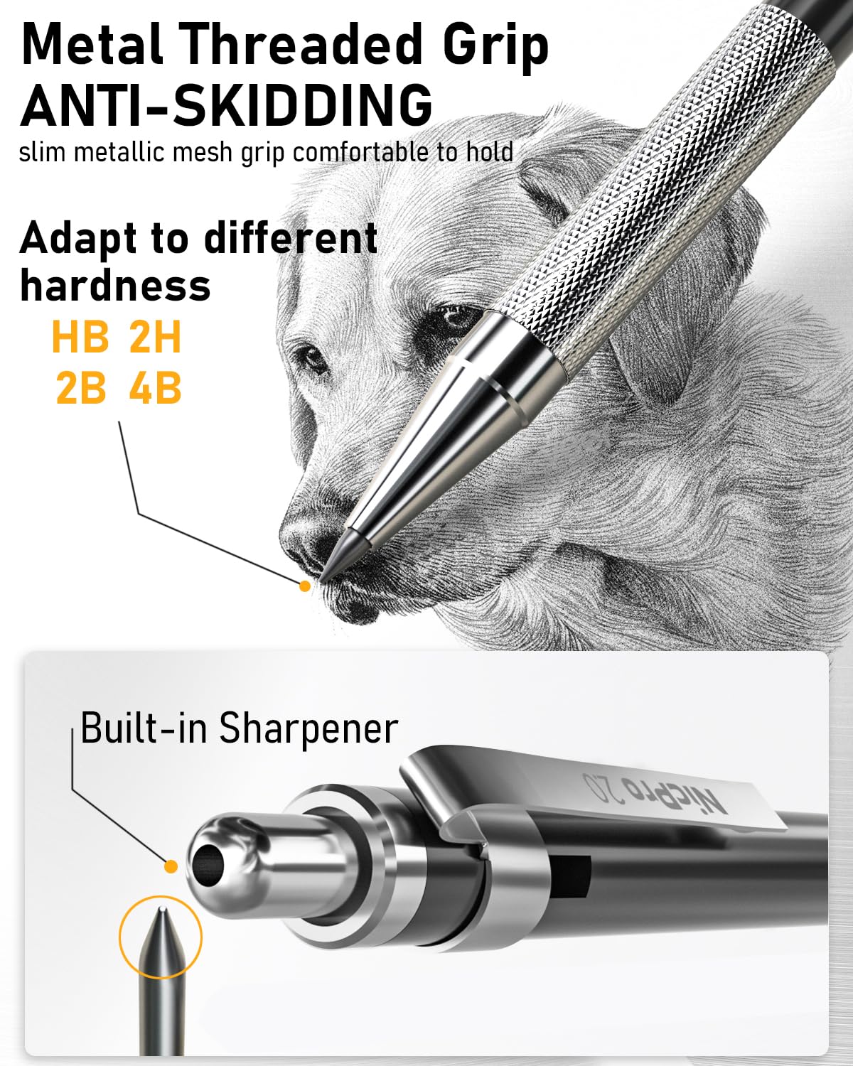 Nicpro 6 PCS Art Mechanical Pencil Set, Black Metal Drafting Pencil 0.3, 0.5, 0.7, 0.9 mm & 2PCS 2mm Graphite Lead Holder(4B 2B HB 2H) For Writing Sketching Drawing With 8 Lead Refills Eraser Case