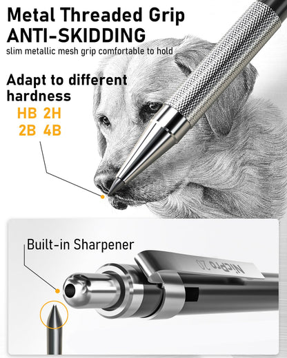 Nicpro 6 PCS Art Mechanical Pencil Set, Black Metal Drafting Pencil 0.3, 0.5, 0.7, 0.9 mm & 2PCS 2mm Graphite Lead Holder(4B 2B HB 2H) For Writing Sketching Drawing With 8 Lead Refills Eraser Case