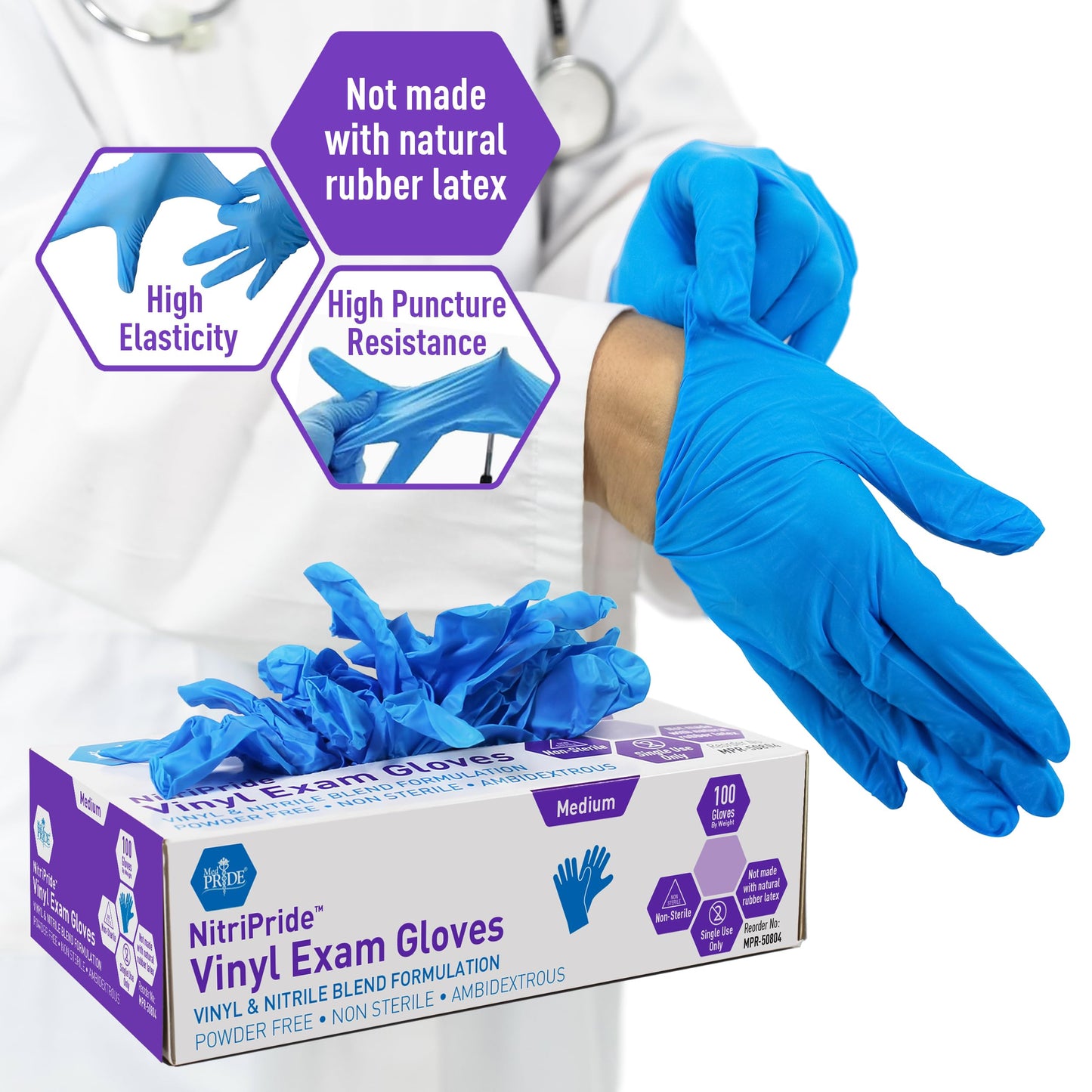 MED PRIDE Disposable Multipurpose Hand Protection Nitrile-Vinyl Blend Exam Gloves, Medium 100 - Powder, Latex & Rubber Free - Single Use Non-Sterile Protective Gloves
