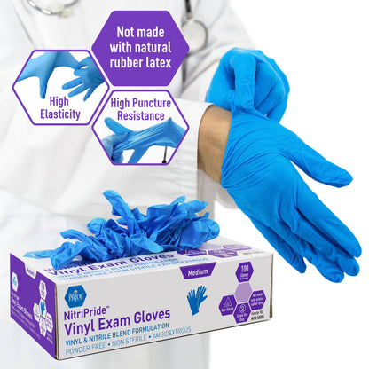 MED PRIDE Disposable Multipurpose Hand Protection Nitrile-Vinyl Blend Exam Gloves, Medium 100 - Powder, Latex & Rubber Free - Single Use Non-Sterile Protective Gloves