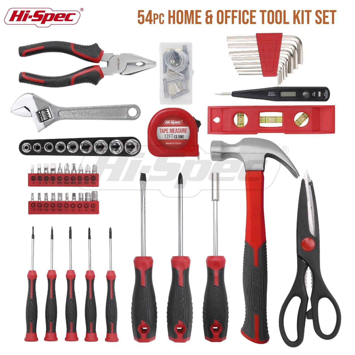 Hi-Spec 54pc Red Household Tool Kit – Essential DIY Hand Tool Set with Toolbox for Home, Garage, Office, Basic Repairs, First Apartment, New Home & Everyday Home Improvement