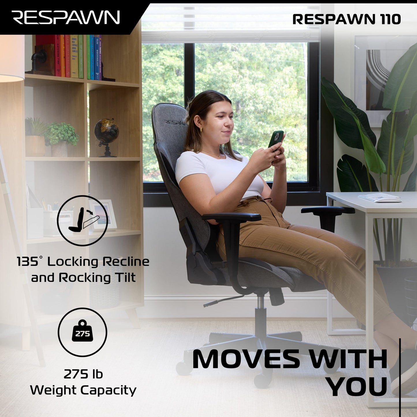 RESPAWN 110 Fabric Gaming Chair Ergonomic Racing Style High Back PC Computer Desk Office Chair - 360 Swivel, Integrated Headrest, 135 Degree Recline Adjustable Tilt Tension Angle Lock - 2023 Grey