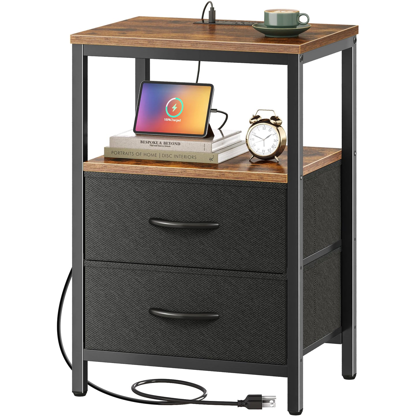 Huuger Nightstand with Charging Station, Side Table with Fabric Drawers, End Table with Open Shelf, Bedside Table with USB Ports and Outlets, Night Stand for Bedroom, Rustic Brown and Black
