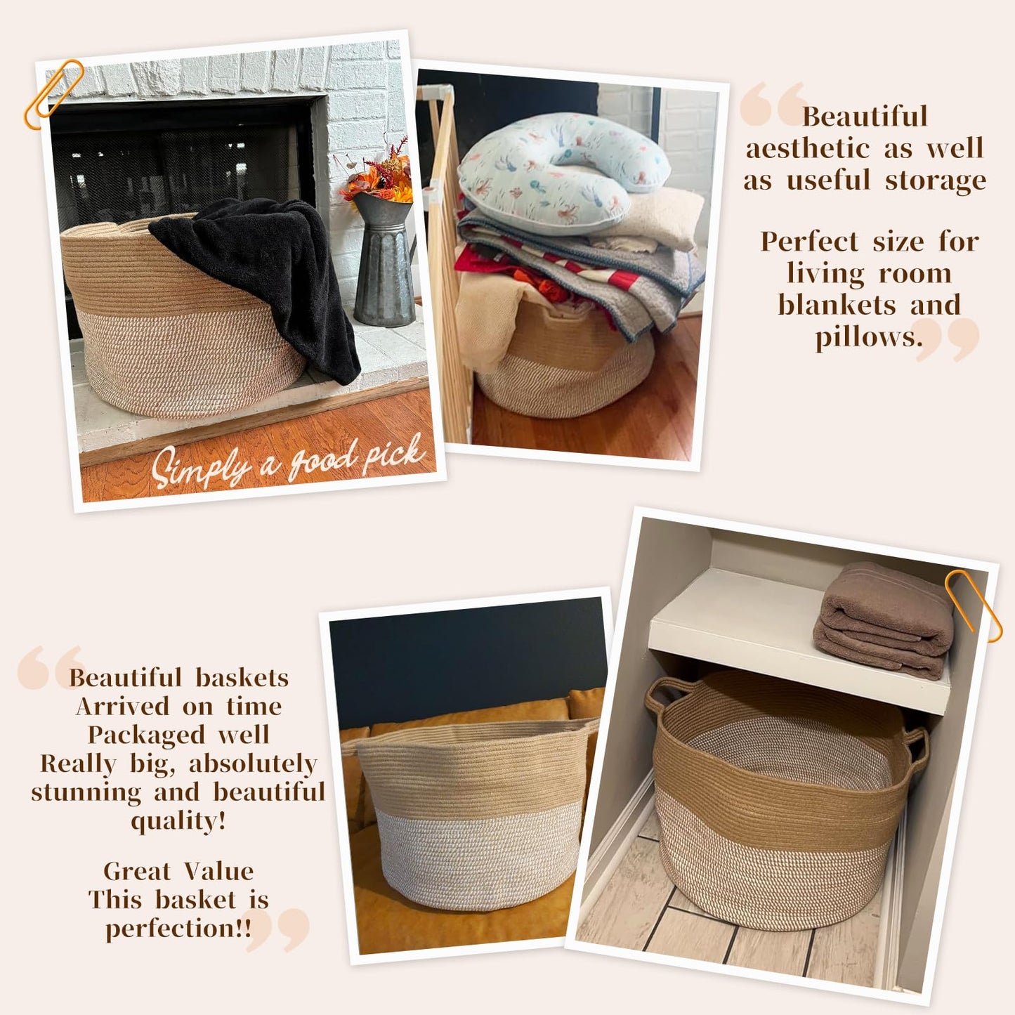 INDRESSME Extra Large Woven Baskets for Storage, 21.7'' x 13.8'' Wicker Basket with Handle for Blankets, Big Laundry Baskets for Clothes, Pillows, Towel, Shoe Basket for Entryway, 90L White Jute