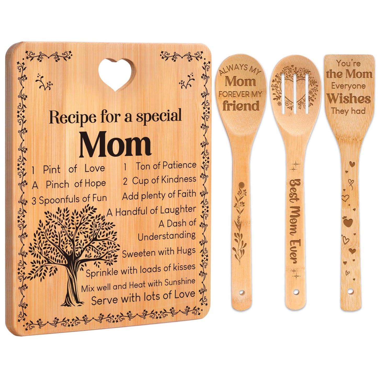 Mom Birthday Gifts - "Recipe for a Special Mom" Gifts for Mom Cutting Board Set, Bamboo-Made Engraved Utensil Set Birthday Presents for Mom