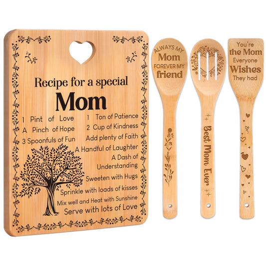 Mom Birthday Gifts - "Recipe for a Special Mom" Gifts for Mom Cutting Board Set, Bamboo-Made Engraved Utensil Set Birthday Presents for Mom
