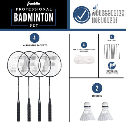 Franklin Sports Badminton Net Set - 4 Aluminum Rackets, 2 Birdies, Adjustable Net and Stakes - Backyard or Beach Badminton Set - Easy Setup - Professional