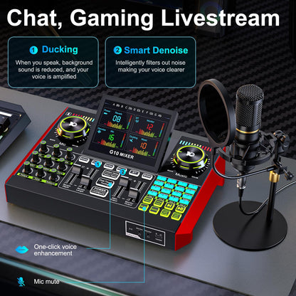 Podcast Microphone Bundle with Live Sound Card Audio Mixer, Podcast Equipment Bundle with 3.5mm Condenser Microphone for Pc/Phone Live Streaming Singing Gaming, Sound Board with Voice Changer, Denoise