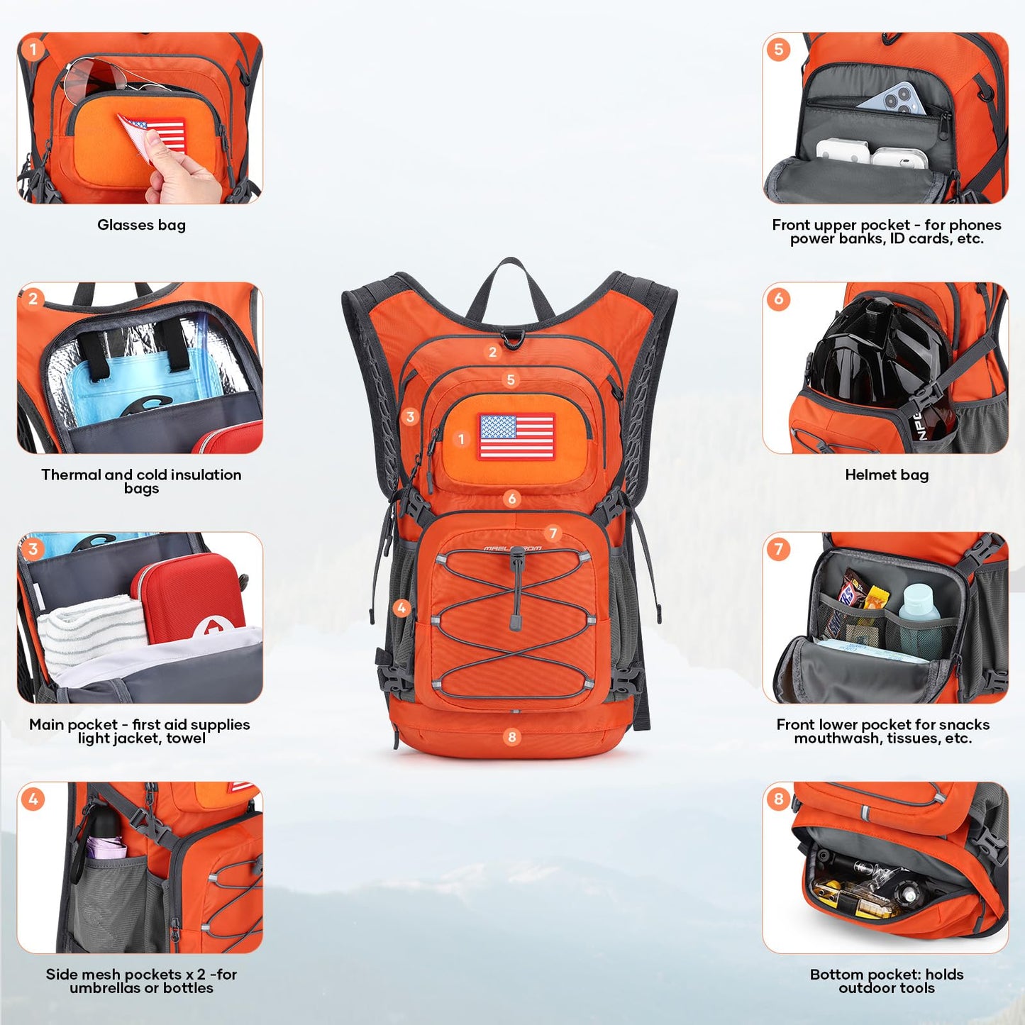 Maelstrom Hydration Hiking Backpack with 2L/3L Water Bladder, High Flow Bite Valve Camping Daypack Lightweight (2.Orange, 2L Bladder)