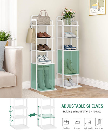 Hzuaneri 6 Tiers Vertical Shoe Rack, Narrow Shoe Tower, Tall Shoes Shelf with 2 Hooks, Adjustable Shelves, Corner Shoes Shelves for Small Spaces, Entryway, Living Room, White SR04213W