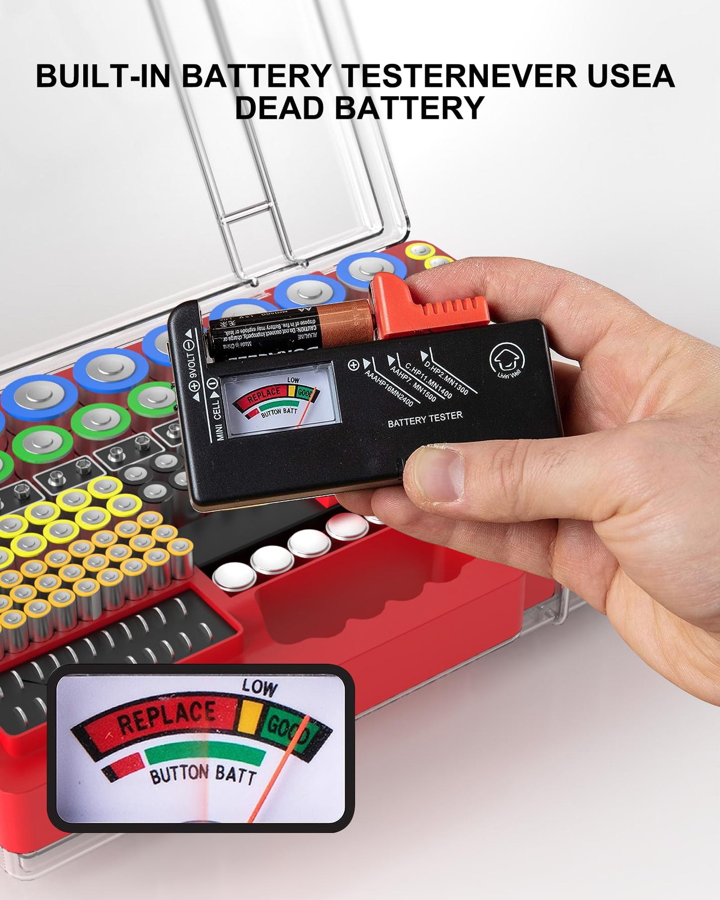 Narotood Battery Organizer Storage Holder Box Case with Tester, Ultra-Large 280+ Batteries Double-Sided Variety Pack,Holds AA AAA 4A C D Cell 9V 3V Lithium18650 LR44 CR2 CR123 CR1632 - Red