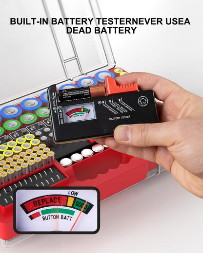 Narotood Battery Organizer Storage Holder Box Case with Tester, Ultra-Large 280+ Batteries Double-Sided Variety Pack,Holds AA AAA 4A C D Cell 9V 3V Lithium18650 LR44 CR2 CR123 CR1632 - Red