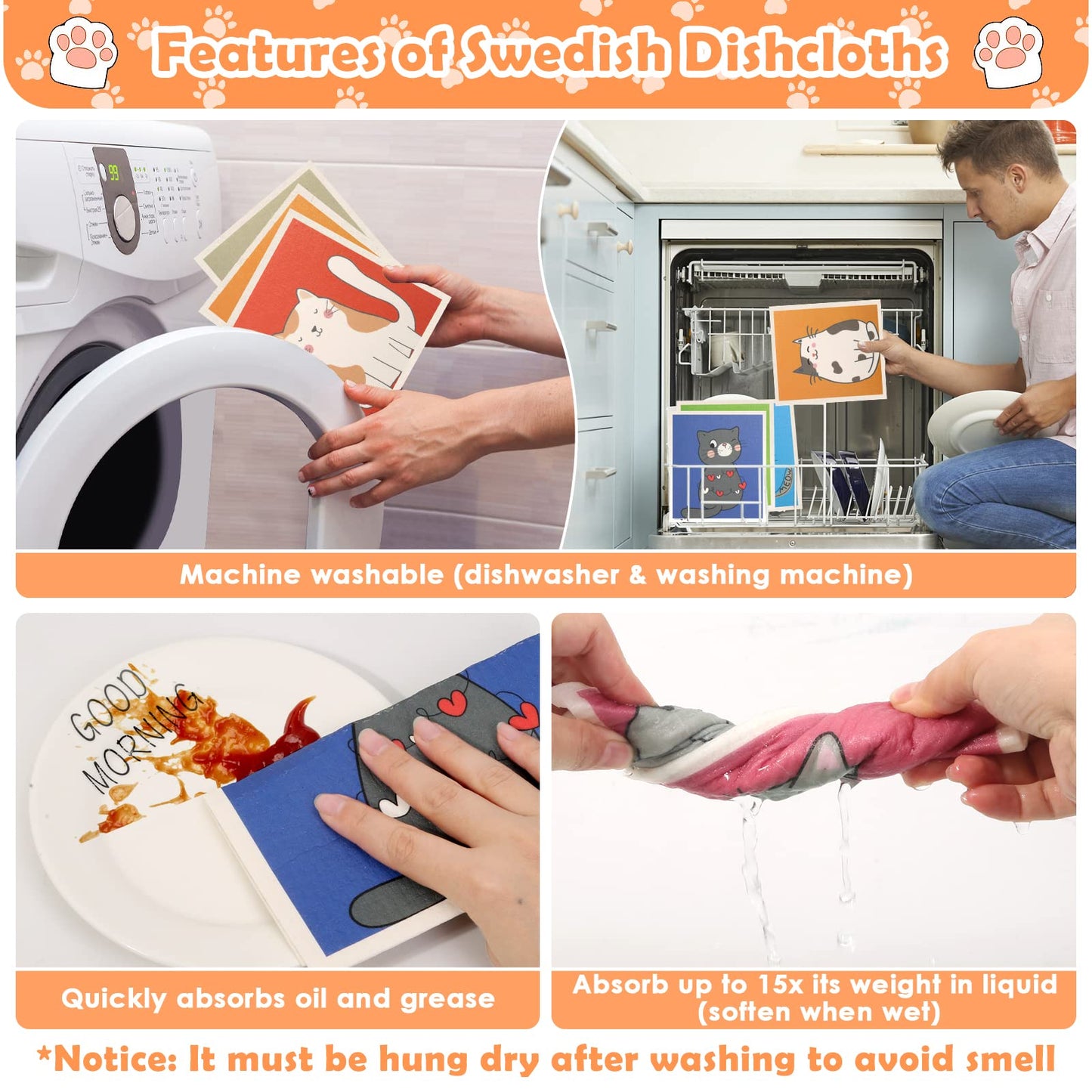 Lucomb Swedish Dish Cloths for Kitchen, 8 Pack Reusable Cleaning Cloth Absorbent Kitchen Towels No Odor Fast Drying for Home Wipes Dish Washing (Cute Cat)