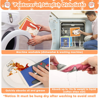 Lucomb Swedish Dish Cloths for Kitchen, 8 Pack Reusable Cleaning Cloth Absorbent Kitchen Towels No Odor Fast Drying for Home Wipes Dish Washing (Cute Cat)