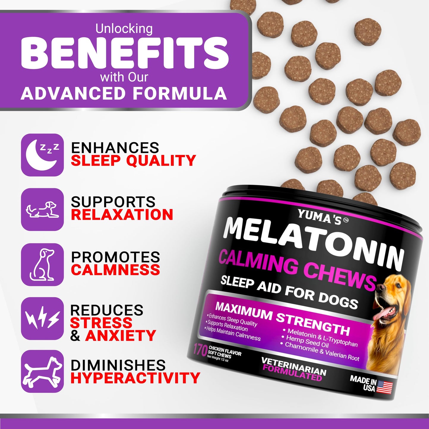Melatonin for Dogs - 170 Melatonin Chews for Small and Large Dogs - Puppy Sleep Aid - Natural Calming Treats for Stress Anxiety Relief - Canine Sleeping Pills - Thunder, Fireworks, Chewing, Barking