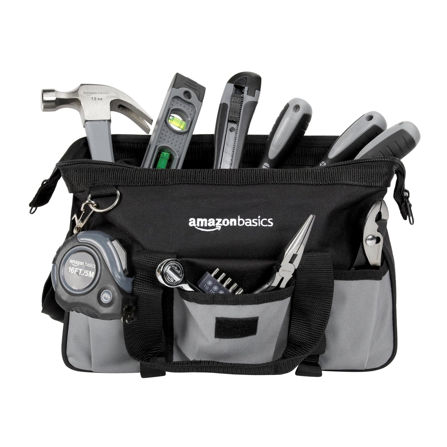 Amazon Basics 65 Piece Home Basic Repair Tool Kit Set With Bag, Silver, Black
