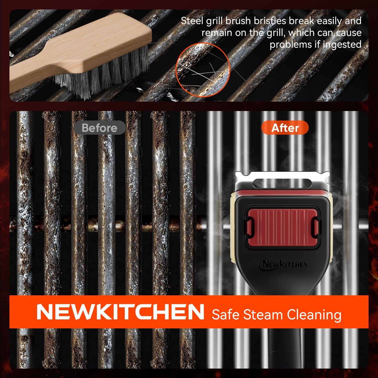 NEWKITCHEN Grill Brush Bristle-Free Steam Cleaning, BBQ Brush Replaceable Heat-Resistant Kevlar Head with Grill Scraper Safe Barbecue Grill Cleaner