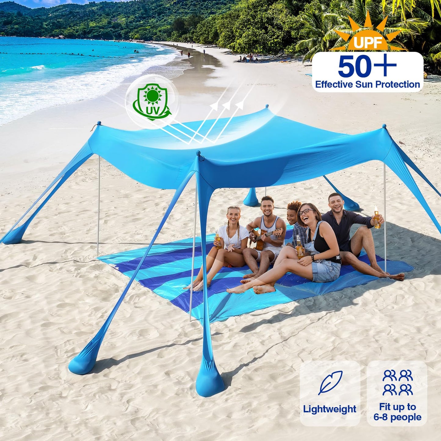 Rhino Valley Beach Tent, 10 x 10 FT Beach Shade UPF50+ Protection, Beach Canopy with 8 Sandbags 4 Stability Poles, Outdoor Beach Tent Sun Shelter Umbrella for Sand,Camping,Fishing Essentials, Sky Blue