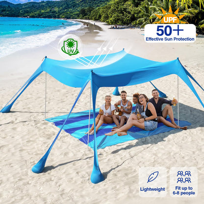 Rhino Valley Beach Tent, 10 x 10 FT Beach Shade UPF50+ Protection, Beach Canopy with 8 Sandbags 4 Stability Poles, Outdoor Beach Tent Sun Shelter Umbrella for Sand,Camping,Fishing Essentials, Sky Blue
