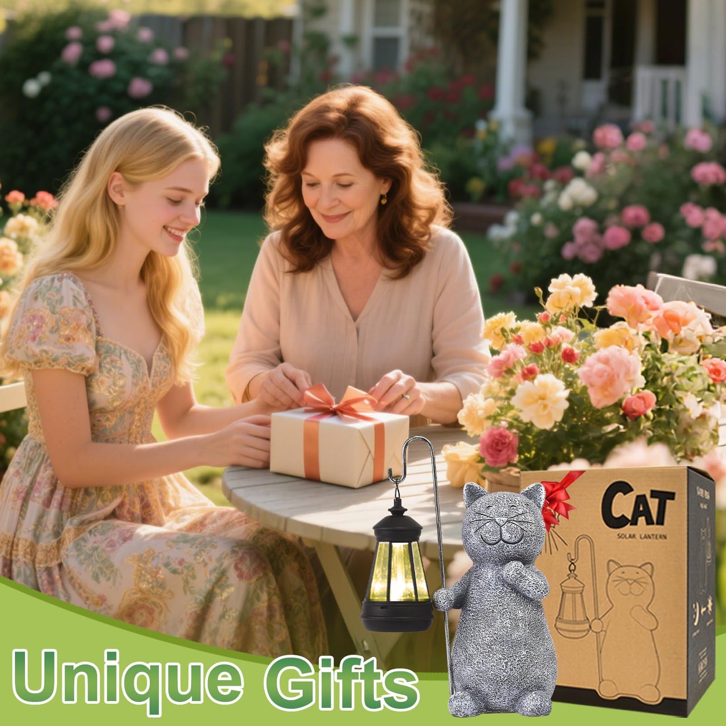 Qeeman Garden Decor Solar Statues: Mothers Day Birthday Gifts for Mom Grandma Women Sister Wife Lady Lover - Front Patio Balcony Yard Art Lawn Ornaments Porch Outdoor Outside Decorations (Cat)