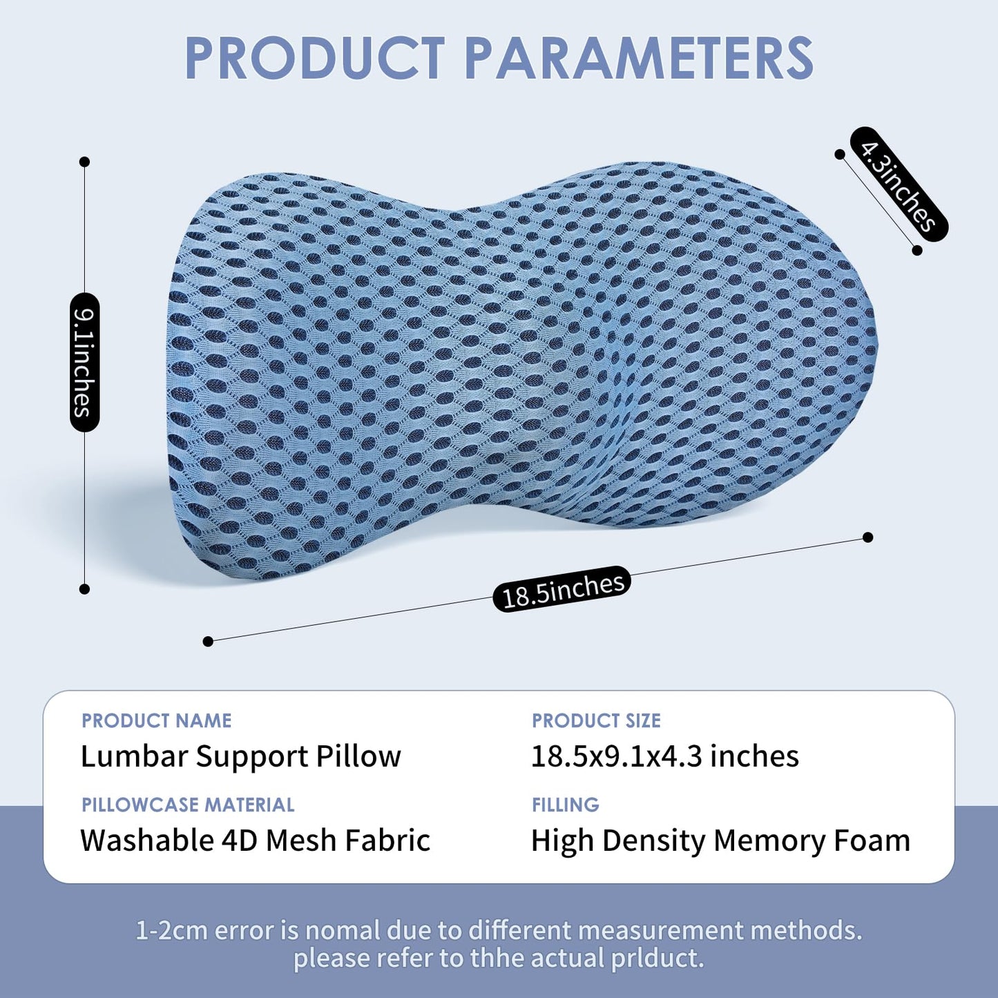 kasney Lumbar Support Pillow Ergonomic Memory Foam, Relieve Back Pain, CMFY Breathable & Detachable & Washable, Perfect for Office Chairs, Car Seats, Beds (Blue)