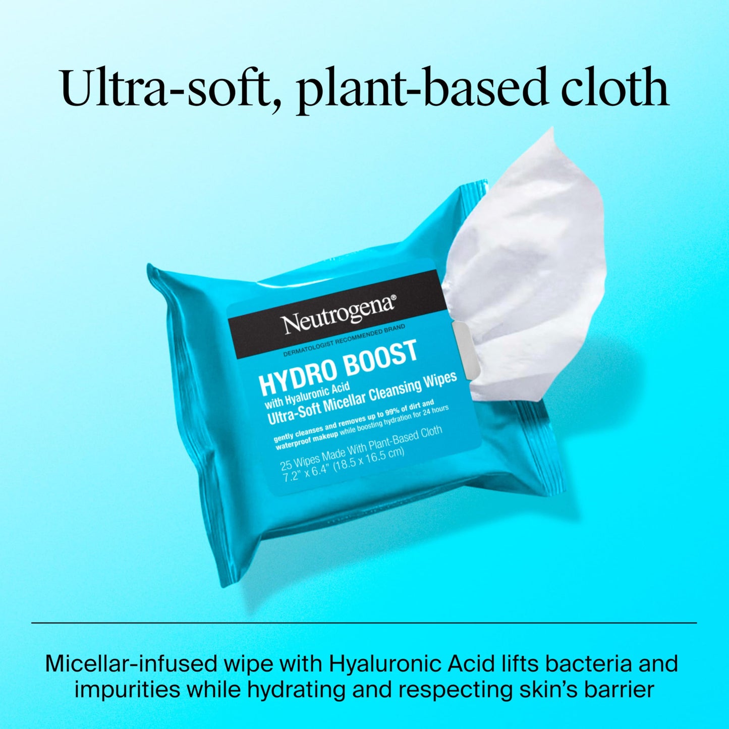 Neutrogena Hydro Boost Ultra-Soft Micellar Cleansing Wipes with Hyaluronic Acid, Hydrating Makeup Remover Wipes Remove Dirt & Waterproof Makeup, Hypoallergenic, Plant-Based Cloth, 2 x 25 ct