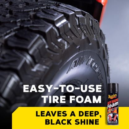 Meguiar's Hot Shine Tire Foam - High Goss Tire Shine That Cleans, Shines, and Protects in One, Deep, Black Shine with Conditioners and UV Protection to Help Keep Tires Looking Like New, 19 Oz Aerosol