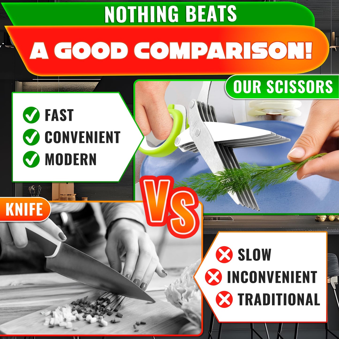 Herb Scissors with 5 Blades and Cover – Stainless Steel Herb Cutter for Fast & Precise Cutting, Compact, Easy-to-Store Design – Ergonomic Handle & Cleaning Brush for Quick and Comfortable Kitchen Prep