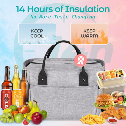KIPBELIF Cute & Roomy Lunch Box for Women – Adults Large Insulated Lunch Bag with Shoulder Strap, Multi-Pockets, and Water Bottle Holder for Work, Picnic, and Outdoors (Extra Large Size, Gray)