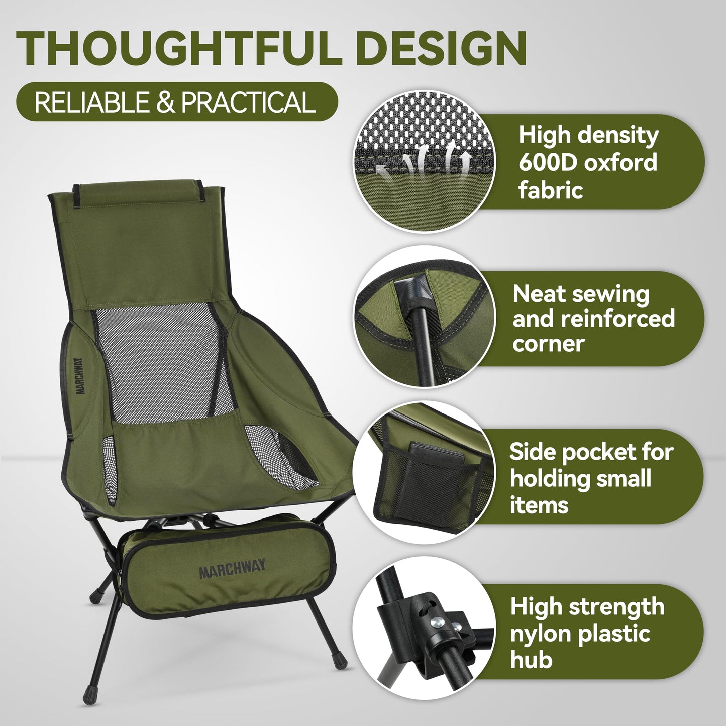 MARCHWAY Lightweight Folding High Back Camping Chair with Head Support, Stable Portable Compact for Outdoor Camp, Travel, Beach, Picnic, Festival, Hiking, Backpacking (Highback Green)