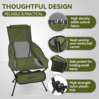 MARCHWAY Lightweight Folding High Back Camping Chair with Head Support, Stable Portable Compact for Outdoor Camp, Travel, Beach, Picnic, Festival, Hiking, Backpacking (Highback Green)