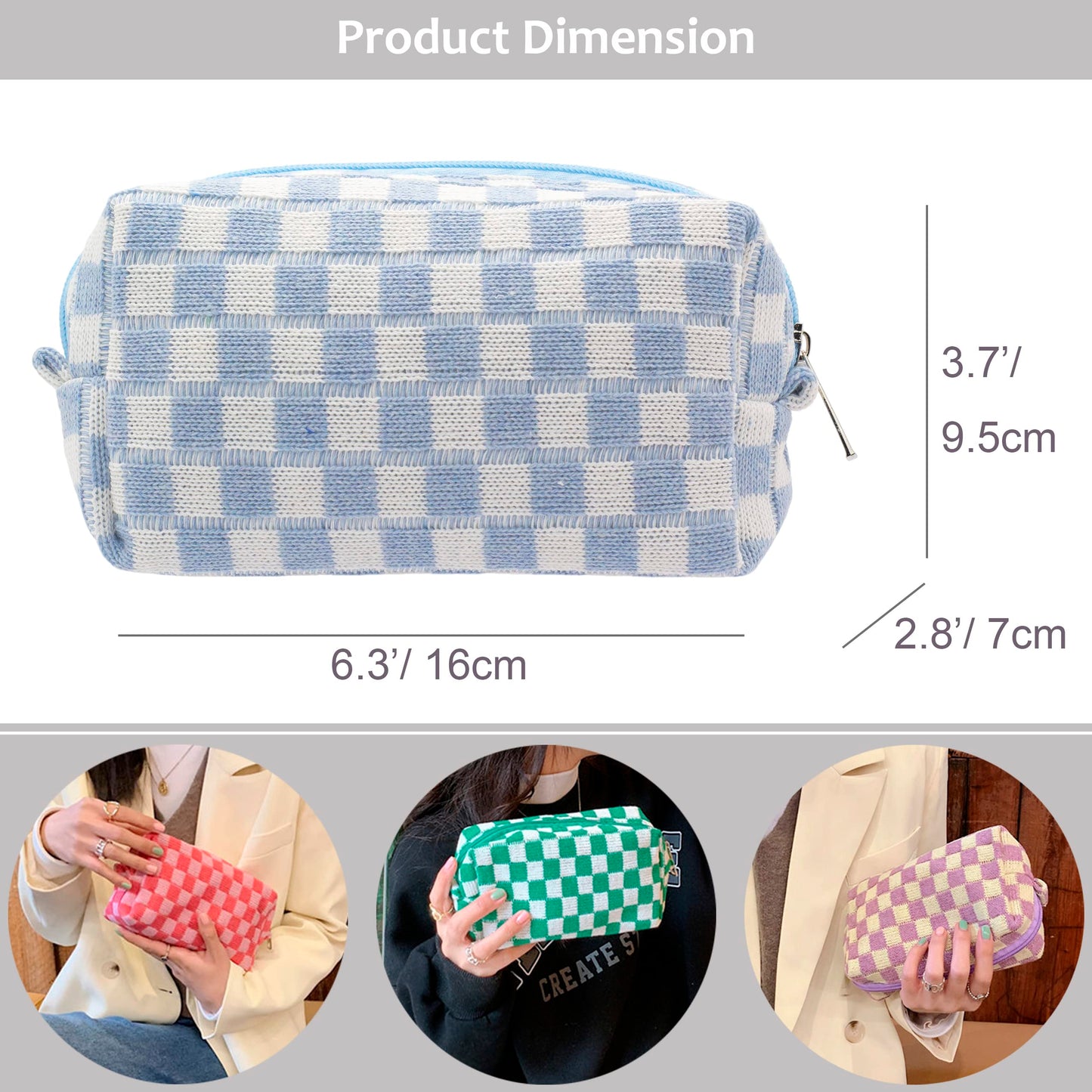 PAZIMIIK Checkered Makeup Bag for Purse Portable Zipper Make Up Pouch Small Cosmetic Case for Travel Accessories (2PCS Blue Hotpink)