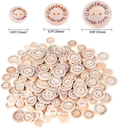 150pcs Wooden Handmade with Love Round Craft Decor 2 Holes Wooden Sewing Buttons (15-20-25mm)